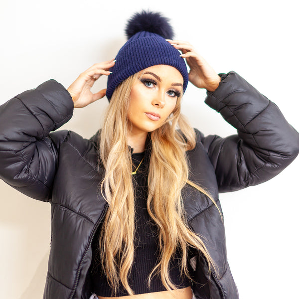 Harry Pom Beanie | Navy Angora Fur Beanie | Alx-zia